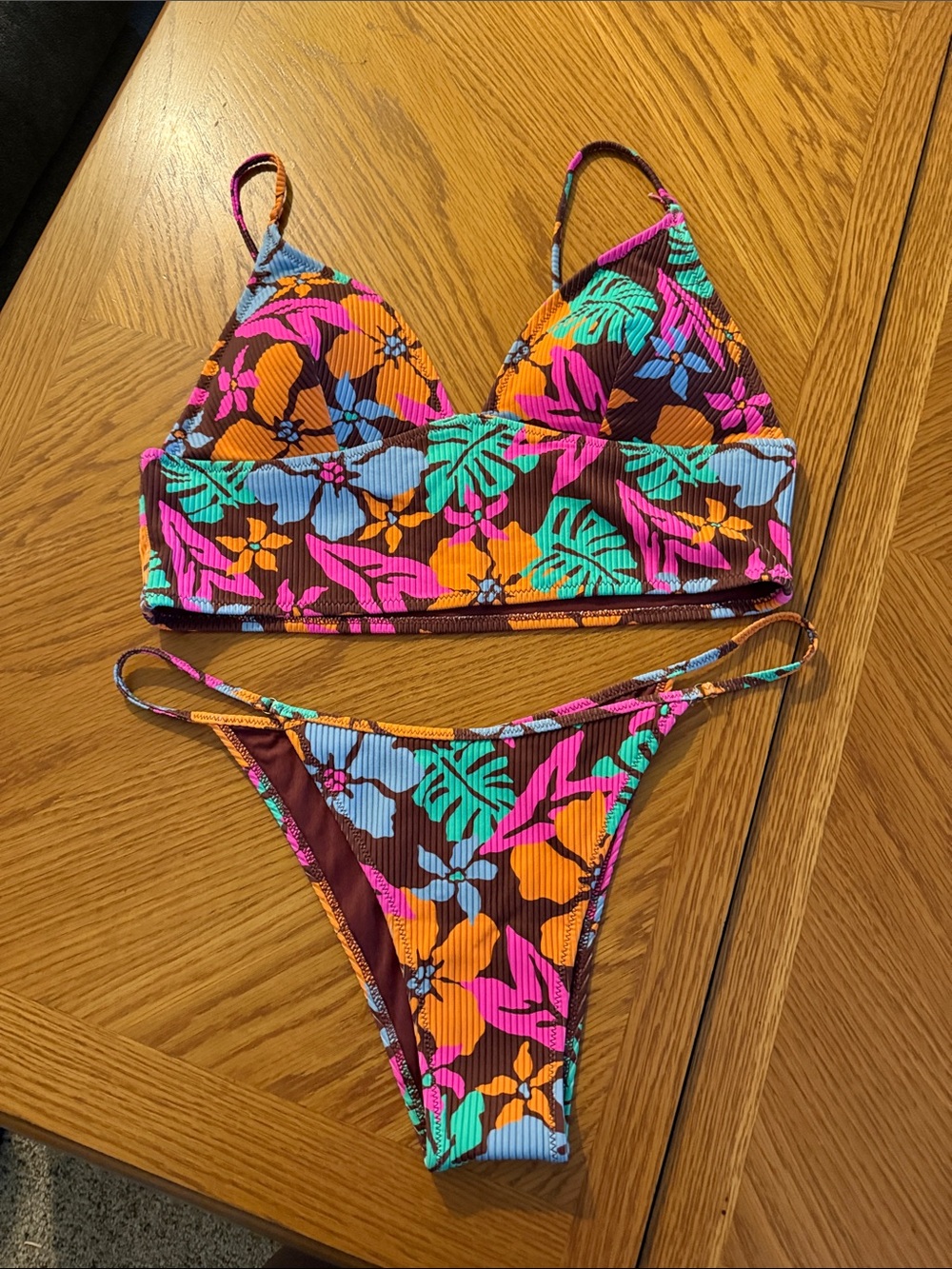 Rip Curl Tropical Floral Bikini in Brown, Pink, Orange, Teal, Light Blue